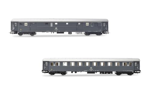 Rivarossi HR4366 FS, 2er Pack, Gepäckwagen Dz 83000 für den Fahrradtransport + Typ 1946 Bz 33010 2. Klasse, graue Lackierung, Ep. IVb, Reisezugwagen von Rivarossi