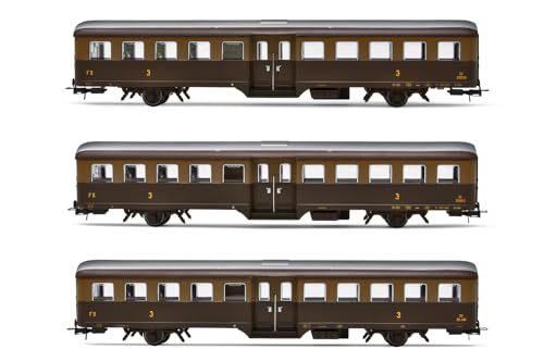 FS Passagierwagen „Corbellini“ 1947, 3 Stück, 2 Achsen, 3. Klasse, Lackierung Castano/Isabella, für historische Züge, Epoche V–VI von Rivarossi