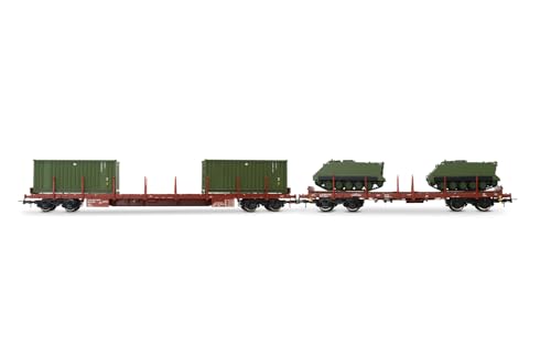 Rivarossi HR6612 FS, 2er Pack 4-achsige Flachwagen RGS + Rgmms, beladen mit Zwei 20‘ Containern + Zwei Militärfahrzeugen M113, Ep. IV-V, Waggonfahrzeuge, grün von Rivarossi