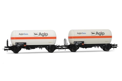 Rivarossi HR6620 FS, 2er-Packung 2-achsiger Gaskesselwagen, weiß mit orangefarbenem Streifen, „Agipgas“, Ep. IV Rollmaterial – Waggons von Rivarossi