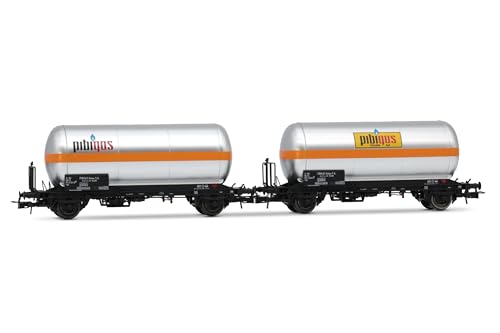 Rivarossi HR6621 FS, 2er-Packung 2-achsiger Gaskesselwagen, Silber mit orangefarbenem Streifen, „Pibigas“, Ep. IVa Rollmaterial – Waggons von Rivarossi