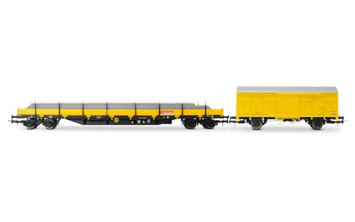 Rivarossi HR6647 DB Bahnbau, 2er Pack Wartungswagen, Res beladen mit Schwellen + Gs, gelbe Lackierung, Ep. V-VI, Waggonfahrzeuge von Rivarossi