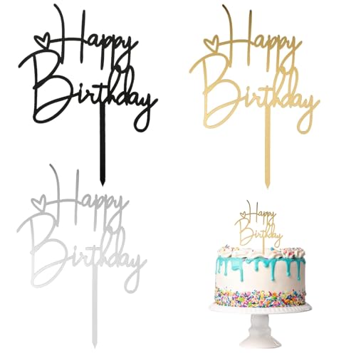 Partyanhänger, 3 Stück Tortenaufsätze, Acryl-Herz "Happy Birthday", Party-Cupcake, DIY-Kucheneinsatz, Dekorationen, Zubehör (Größe: 3) von Rixotix