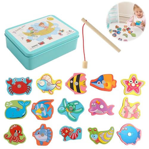 Riybyds Kinder ab 2 Jahre, Spiele Montessori Kinder,Holzspielzeug Angelspiel, Magnetisches Angelspiel aus Holz, Lernspielzeug, Kinderspiele für Entwicklung, inklusive 15 Fische und Angelrute von Riybyds