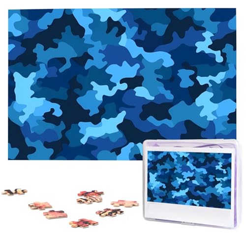 Blue Camo Puzzles 1000 Teile, personalisiertes Puzzle für Erwachsene, personalisiertes Bild mit Aufbewahrungstasche, Holzfotos, Puzzle für Familien-Heimdekoration (74,9 x 50 cm) von Rldobofe