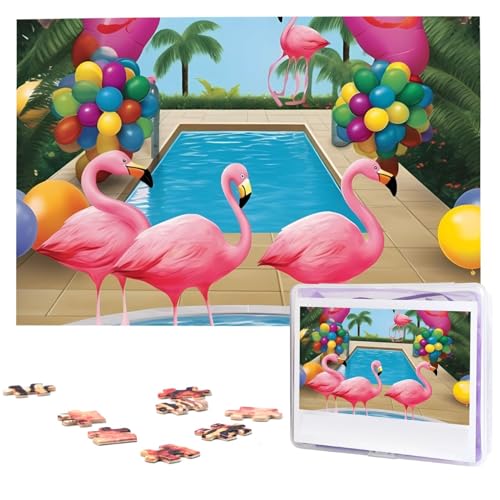 Flamingo und Schwimmbad 1 Puzzle, 1000 Teile, personalisiertes Puzzle für Erwachsene, personalisiertes Bild mit Aufbewahrungstasche, Holzfotos, Puzzle für Familien-Heimdekoration (74,9 x 50 cm) von Rldobofe