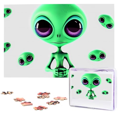 Grüne Alien-Puzzles, 1000 Teile, personalisiertes Puzzle für Erwachsene, personalisiertes Bild mit Aufbewahrungstasche, Holzfotos, Puzzle für Familien-Heimdekoration (74,9 x 50 cm) von Rldobofe