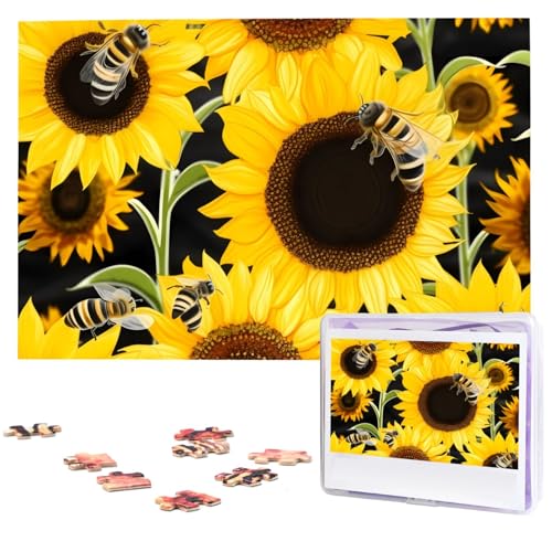 Sonnenblumen-Bienen-Puzzle, 1000 Teile, personalisiertes Puzzle für Erwachsene, personalisiertes Bild mit Aufbewahrungstasche, Holzfotos, Puzzle für Familie (74,9 x 50 cm) von Rldobofe