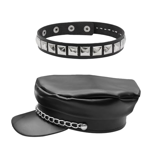 RmKbe 2 Stück Punk-Kappe und Halskette, PU-Leder, Baseballkappe, Hip-Hop-Hut, Punk-Party, Kostüm, Kleid, Halloween, Partygeschenk für Männer und Frauen RmKbe 2 Stück Punk-Kappe und Halskette, PU-Leder, Baseballkappe, Hip-Hop-Hut, Punk-Party, Kostüm, Kleid, Halloween, Partygeschenk für Männer und Frauen von RmKbe