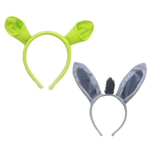 RmKbe 2 x Plüsch-Eselsohren Stirnband und grüne Ogerohren Stirnband Tierohren Stirnbänder Rollenspiel Party Zubehör Halloween Kostüm Zubehör für Erwachsene Kinder von RmKbe