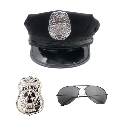 RmKbe 3-teiliges Polizeizubehör-Set, Polizeihut, Outfit, Polizeiabzeichen, Sonnenbrille, Halloween, Kostüm, Polizeizubehör, Rollenspiel-Kostüm für Erwachsene, Cosplay von RmKbe