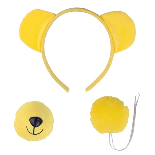 RmKbe 3-teiliges gelber Bärenohren-Haarreif, Nase und Schwanz, Tierohren, Kostüm-Bär, Cosplay-Set für Halloween, gelber Bär, Kostümzubehör von RmKbe