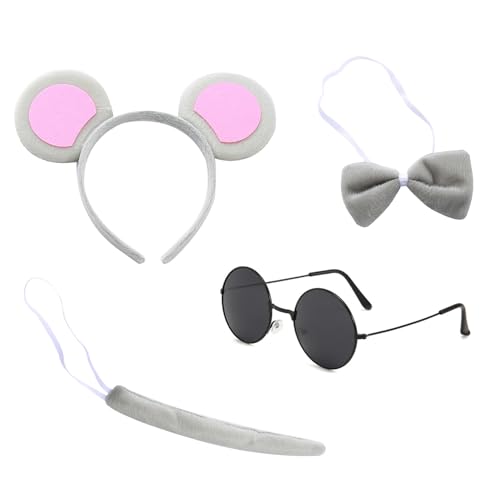 RmKbe 4-teiliges graues Blindmaus-Set mit Mausohren, Stirnband, Schwanz, Fliege, Sonnenbrille, Weltbuchtag, Tierkostüm für Cosplay, Weihnachten, Geburtstag, Partyzubehör RmKbe 4-teiliges graues Blindmaus-Set mit Mausohren, Stirnband, Schwanz, Fliege, Sonnenbrille, Weltbuchtag, Tierkostüm für Cosplay, Weihnachten, Geburtstag, Partyzubehör von RmKbe