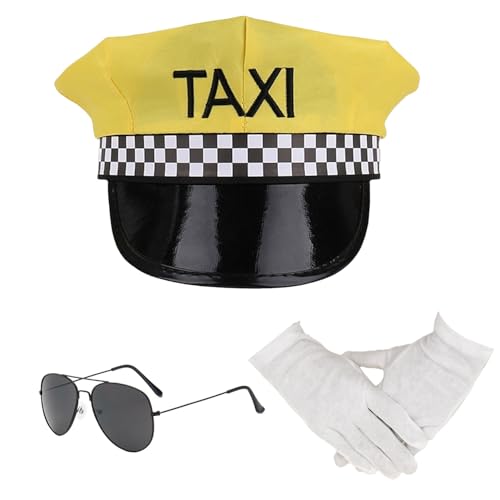 RmKbe Chauffeur-Kostüm, Gelb, Taxi-Hut, Sonnenbrille, Handschuhe, Fahrer, Festival, Cap, Fahrer, Halloween, Cosplay, Zubehör für Männer und Frauen, 3 Stück RmKbe Chauffeur-Kostüm, Gelb, Taxi-Hut, Sonnenbrille, Handschuhe, Fahrer, Festival, Cap, Fahrer, Halloween, Cosplay, Zubehör für Männer und Frauen, 3 Stück von RmKbe