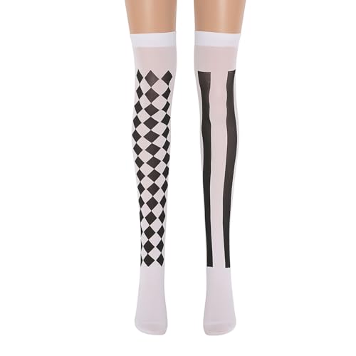 RmKbe Halloween Oberschenkelhohe lange Strümpfe schwarz weiß Clown gestreifte Socke Harlekin Oberschenkelstrümpfe Halloween Kostüme für Erwachsene von RmKbe