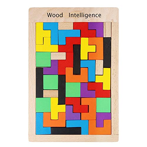Rmeet Holzpuzzle Tetris Tangram,40er Pack Holz-Puzzle Jigsaw Geometrische Blöcke Holz Puzzle Box Gehirn Spiele für Kinder frühe Pädagogische von FUN MOMENT