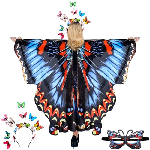 Rngmsi Schmetterlings-Flügel-Kostüm, blau, rot, schwarz, Fee, Schmetterlingsflügel, Umhang mit Rock, Maske, mehrfarbiges Stirnband-Set für Damen, Alltag, Cosplay, Foto-Requisite, Halloween, Party von Rngmsi