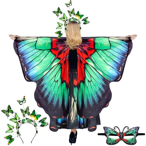 Rngmsi Schmetterlings-Flügel-Kostüm, grün, rot, schwarz, Fee, Schmetterlingsflügel, Umhang mit Rock, Stirnband, Masken-Set für Damen, Alltag, Cosplay, Foto-Requisite, Halloween, Party von Rngmsi