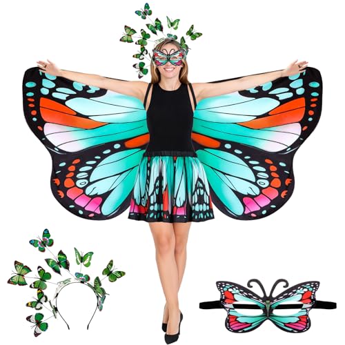 Rngmsi Schmetterlings-Flügel-Kostüm, grün-rot, doppelseitiger Druck, Fee, Schmetterlingsflügel, Umhang mit Stirnband, Maske, Rock, Set für Damen, Alltag, Cosplay, Foto-Requisite, Halloween, Party von Rngmsi