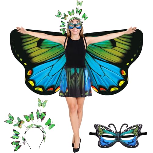 Rngmsi Schmetterlingsflügel-Kostüm, Blau / Grün, doppelseitiger Druck, Fee, Schmetterlingsflügel, Umhang mit Stirnband, Maske, Rock, Set für Damen, Alltag, Cosplay, Foto-Requisite, Halloween, Party von Rngmsi