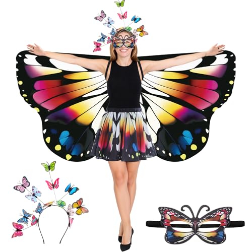 Rngmsi Schmetterlingsflügel-Kostüm, mehrfarbig, doppelseitiger Druck, Fee, Schmetterlingsflügel, Umhang mit Stirnband, Maske, Rock, Set für Damen, Alltag, Cosplay, Foto-Requisite, Halloween, Party von Rngmsi