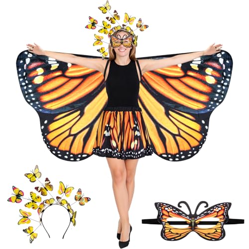 Rngmsi Schmetterlingsflügel-Kostüm, orange-schwarz, doppelseitiger Druck, Fee, Schmetterlingsflügel, Umhang mit Stirnband, Maske, Rock, Set für Damen, Alltag, Cosplay, Foto-Requisite, Halloween, Party von Rngmsi