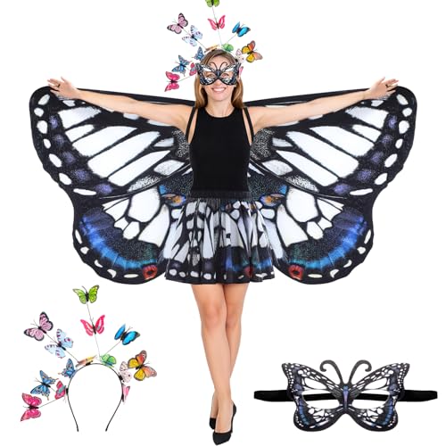 Rngmsi Schmetterlingsflügel-Kostüm, weiß-blau, doppelseitiger Druck, Fee, Schmetterlingsflügel, Umhang mit Stirnband, Maske, Rock, Set für Damen, Alltag, Cosplay, Foto-Requisite, Halloween, Party von Rngmsi