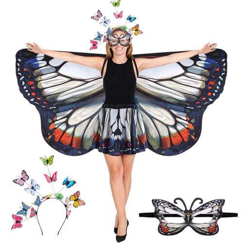 Rngmsi Schmetterlingsflügel-Kostüm, weiß-rot, doppelseitiger Druck, Fee, Schmetterlingsflügel, Umhang mit Stirnband, Maske, Rock, Set für Damen, Alltag, Cosplay, Foto-Requisite, Halloween, Party von Rngmsi