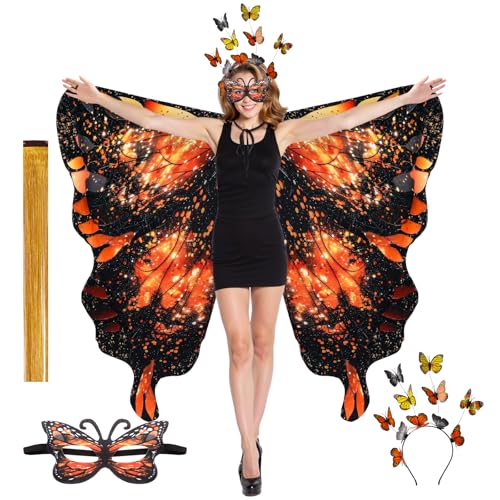 Rngmsi Schmetterlingsflügel-Kostüm für Damen, doppelseitiger Druck, Fee, Monarch, Schmetterlingsflügel, Schal mit Stirnband, Maske, Haarverlängerungen, Set, Cosplay, Umhang, Kostüm, Halloween, Party Rngmsi Schmetterlingsflügel-Kostüm für Damen, doppelseitiger Druck, Fee, Monarch, Schmetterlingsflügel, Schal mit Stirnband, Maske, Haarverlängerungen, Set, Cosplay, Umhang, Kostüm, Halloween, Party von Rngmsi