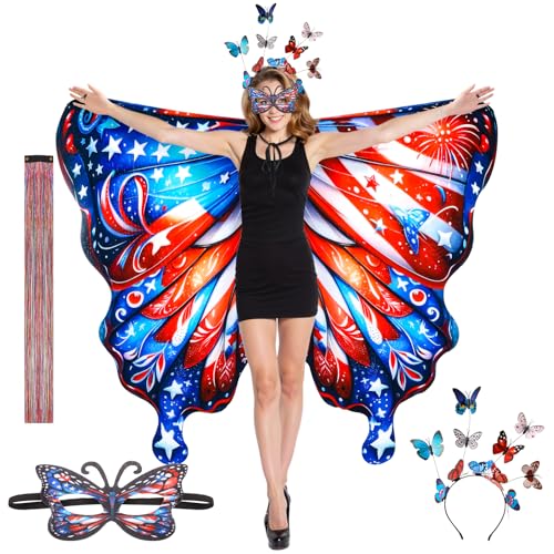 Rngmsi Schmetterlingsflügel-Kostüm für Damen – Amerikanische Flagge, doppelseitiger Druck, Fee, Schmetterlingsflügel, Schal mit Stirnband, Maske, Haarverlängerungen, Set, Cosplay, Umhang, Halloween von Rngmsi