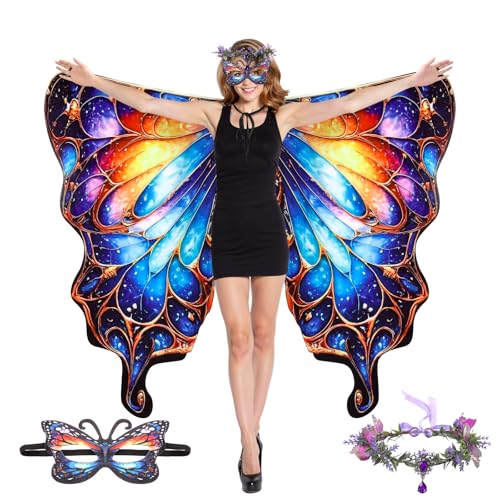 Rngmsi Schmetterlingsflügel-Kostüm für Damen – Blau, Grün, Lila, doppelseitiger Druck, Fee, Schmetterlingsflügel, Schal mit Feenkrone, Stirnband, Masken-Set, Cosplay, Umhang, Halloween, Party von Rngmsi