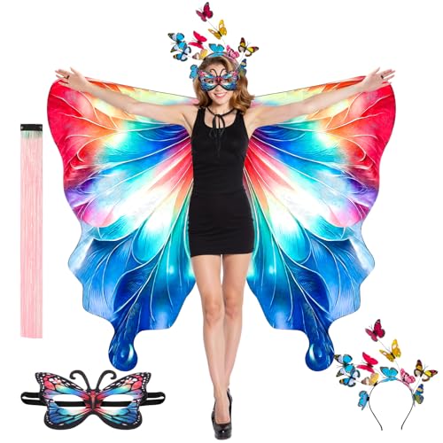 Rngmsi Schmetterlingsflügel-Kostüm für Damen – Rosa / Grün, doppelseitiger Druck, Fee, Schmetterlingsflügel, Schal mit Stirnband, Maske, Haarverlängerungen, Set, Cosplay, Umhang, Halloween, Party von Rngmsi