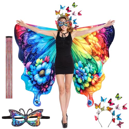 Rngmsi Schmetterlingsflügel-Kostüm für Damen – doppelseitiger Druck, Fee, Schmetterlingsflügel, Schal mit Stirnband, Maske, farbige Haarverlängerungen, Cosplay, Umhang, Kostüm, Halloween, Party von Rngmsi