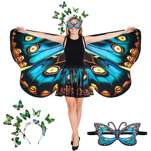Rngmsi Schmetterlingsflügel-Schal-Kostüm, Malachitgrün, doppelseitiger Druck, Fee, Schmetterlingsflügel, Umhang mit Stirnband, Maske, Rock, Set für Damen, Alltag, Cosplay, Foto-Requisite, Halloween von Rngmsi