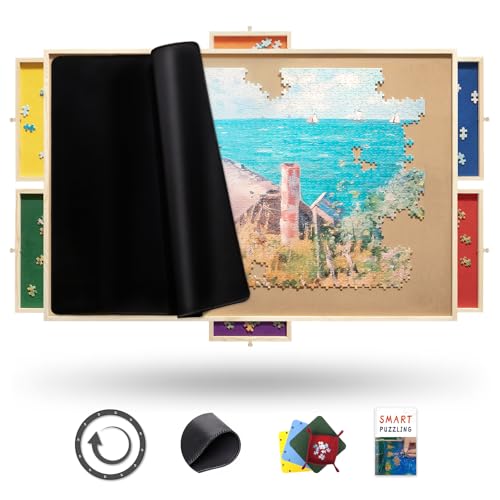 Rnice 2000-teiliges Puzzlebrett Pro, 104,1 x 76,2 cm, mit Schubladen, Gummi-Abdeckmatte, sortierte, bunte Filz-Schubladen und 4 Ablagen, Holz-Puzzle-Tisch, Geburtstagsgeschenke für Mama von Rnice