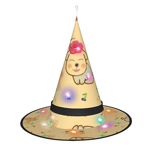 Kleine Blume mit niedlichem Hund, einzigartiges leuchtendes Design, um Ihren Halloween-Hexenhut zu beleuchten, LED-Lichtdekoration macht Sie zum Mittelpunkt der Party mit spitzem Hut, 1 Stück von RoMuKa