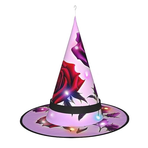 Rote und violette Rosen schillernder LED-Hexenhut Seien Sie der Mittelpunkt Ihrer Halloween-Party, Halloween, spitzer Hut, Halloween-dekorativer Hut, LED-Leuchtender Hut von RoMuKa