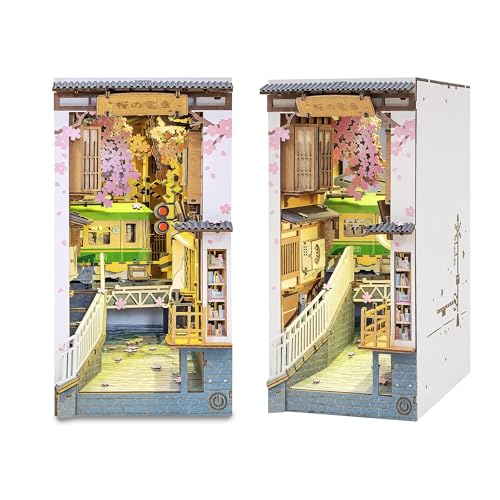 RoWood Book Nook Kit, DIY Booknook Buchstütze Modellbausatz aus Holz - Miniatur Haus Kit , Japan Art mit Licht, 3D Holzpuzzle Miniatur Bastelset - Sakura Densya von RoWood