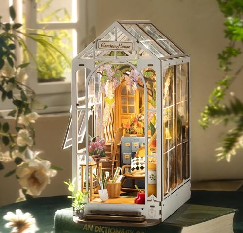 ROWOOD Book Nook Kit Gartenhaus, DIY Booknook Diorama Buchstütze Modellbausatz 3D Puzzle Aus Holz - Miniatur Haus Kit Bastelset Geschenke von RoWood