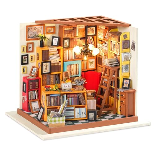 RoWood DIY Miniatur Haus Buchhandlung Puppenhaus mit Licht, DIY Mini Holz Haus Modell Set, Bastelset Geburtstag Geschenke für Erwachsene Frauen Mädchen von RoWood