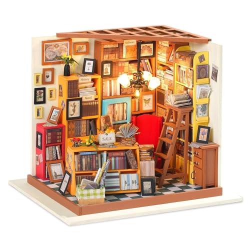 RoWood DIY Miniatur Haus Buchhandlung Puppenhaus mit Licht, DIY Mini Holz Haus Modell Set, Bastelset Geburtstag Geschenke für Erwachsene Frauen Mädchen von RoWood