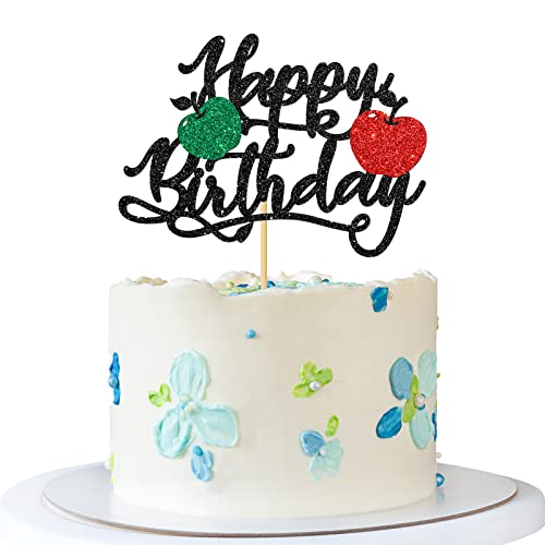 RoadSea Happy Birthday Apfel-Tortenaufsatz – Kindermädchen Junge Apfel Geburtstagstorte Zubehör – Prinzessin Prinz Geburtstag Party Dekorationen – Schwarzer Glitzer von RoadSea