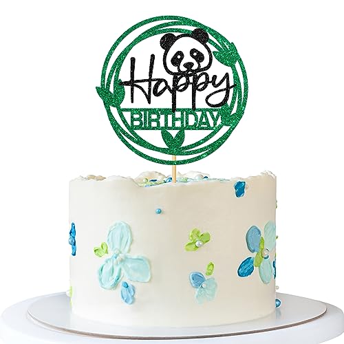 RoadSea Panda Happy Birthday Tortenaufsatz – Tierthema Kind Baby Geburtstag Kuchen Zubehör – Niedlicher Panda 1. Geburtstag Party Dekorationen – Grün & Schwarz Glitzer von RoadSea