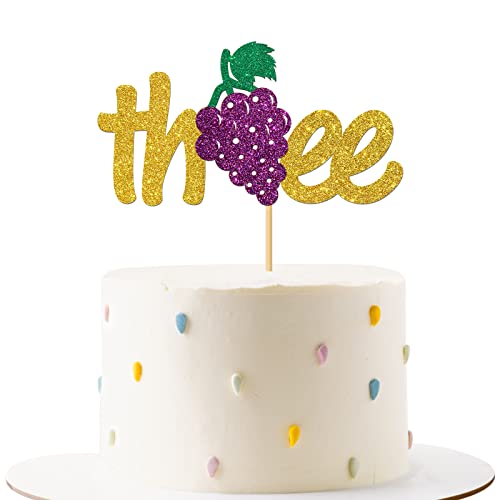 RoadSea Tortenaufsatz für 3. Geburtstag, Trauben-Design – Obst-Tortenzubehör zum 3. Geburtstag, Party-Dekoration – Gold-Glitzer von RoadSea