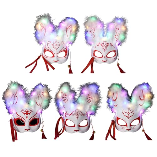 Roadoor 5 Stück Therian-Maske | DIY weiße Katzenmasken mit LED-Beleuchtung | Cosplay Dress Up Maske Halloween Kostüm Maskerade Prop A von Roadoor