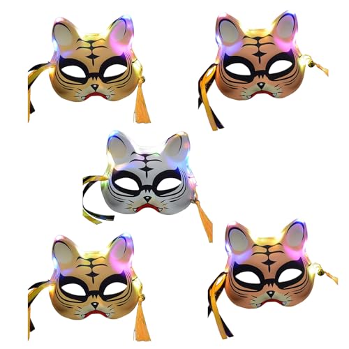 Roadoor 5 Stück Therian-Maske | DIY weiße Katzenmasken mit LED-Beleuchtung | Cosplay Dress Up Maske Halloween Kostüm Maskerade Prop E von Roadoor
