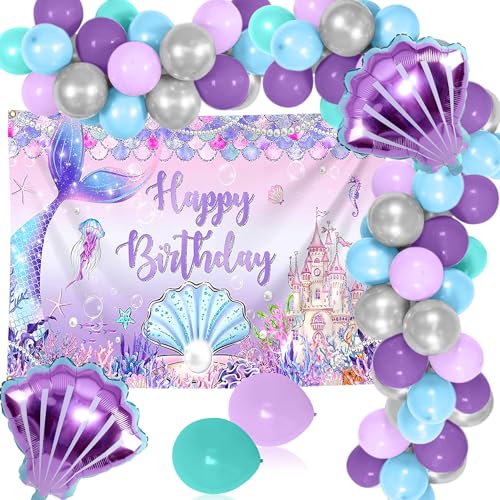 Meerjungfrau Happy Birthday Banner Luftballons Meerjungfrau Geburtstag Dekoration Mädchen Muscheln Strand Party Dekorationen Supplies Unter dem Meer Party Dekorationen von Roaring Good Time