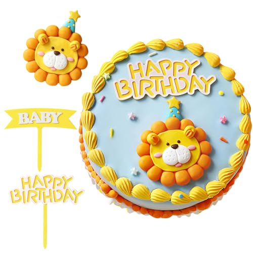 RobLuX 5 PCS Tortendeko Gelbe Löwen Tiere Geburtstag Tortendeko Deko 1. Geburtstag Junge mit HAPPY BIRTHDAY und BABY Papierstau 2 Hintergrundständer für Party Kinder Mädchen Baby von RobLuX