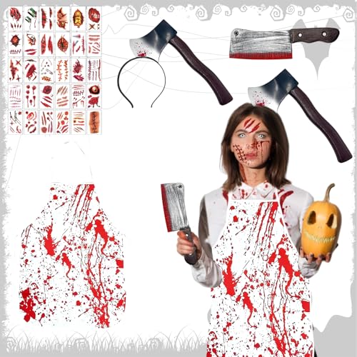 RobLuX Halloween Kostüm Herren Metzger Kostüm Messer Blutige Schürze Halloween Halloween Axt Im Kopf Und 30 Stück Narben Tattoos für Halloweenparty Cosplay Blutige Schürze RobLuX Halloween Kostüm Herren Metzger Kostüm Messer Blutige Schürze Halloween Halloween Axt Im Kopf Und 30 Stück Narben Tattoos für Halloweenparty Cosplay Blutige Schürze von RobLuX