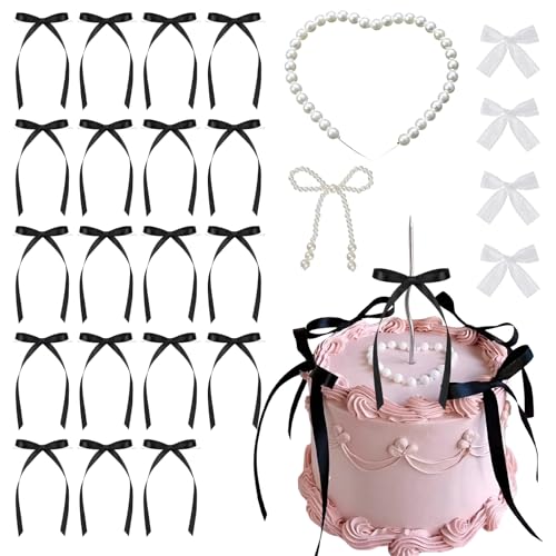 Tortendeko Schleife 20 pcs Tortendeko Hochzeit Schwarze Schleifen Deko Black Bow Cake Topper mit Perlenherz und Perlenschleife vier Schmetterlingsclips Valentinstag Cake Decoration von RobLuX